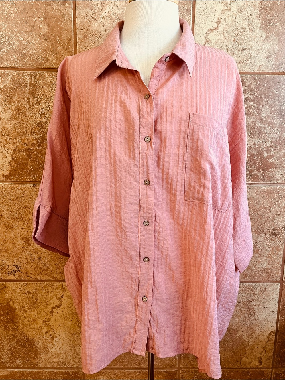 Umgee Women's Relaxed Button-Front Shirt - Dusty Rose Size XL